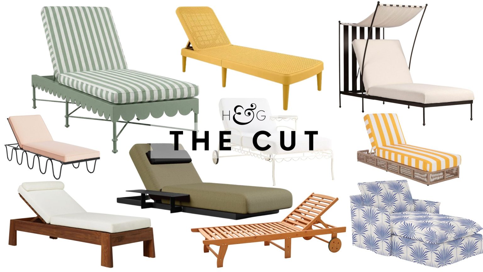 Bannissez l’envie de plage – Ces 20 chaises longues d’extérieur prêtes pour les complexes hôteliers donnent l’impression de rester à la maison comme un luxe Outdoor lounge chairs of various styles, ranging from whimsical to traditional cabana-club, pictured against a white background