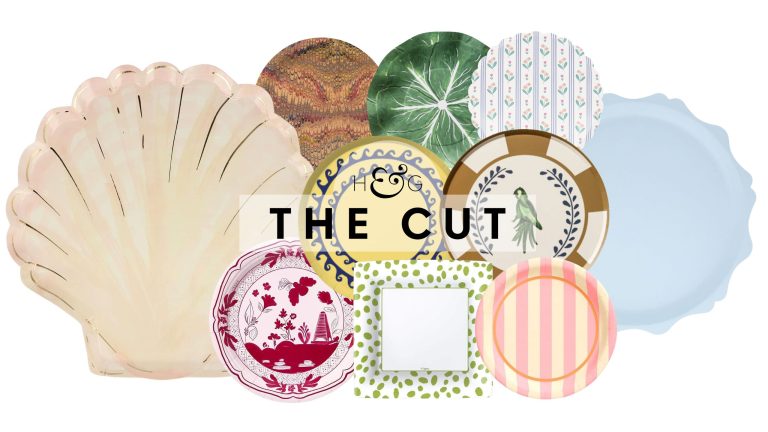 Chic paper plates in various shapes and colors pictured against a white background