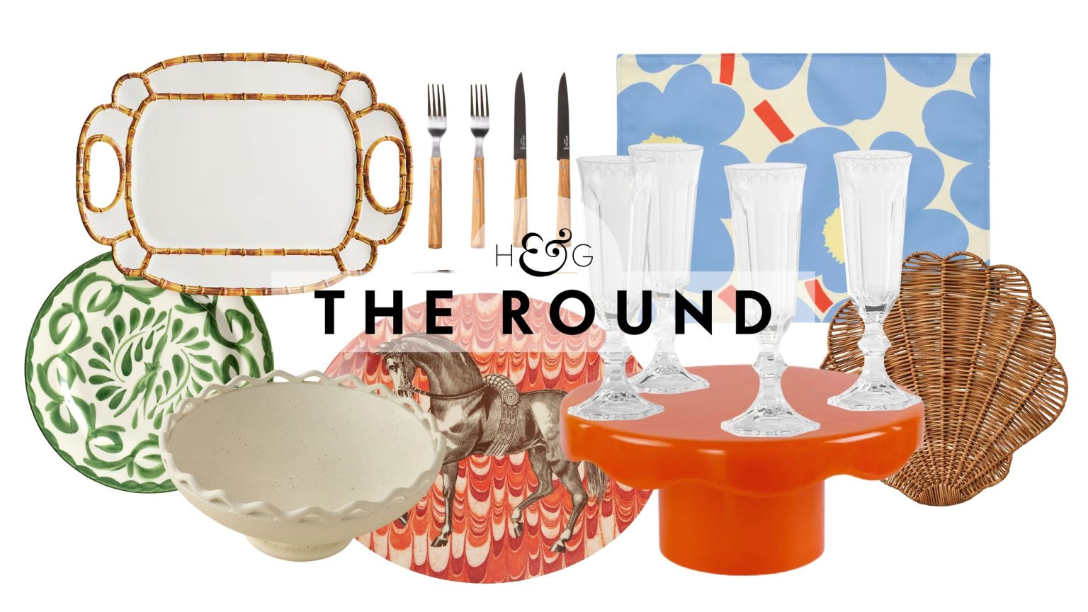 Assorted outdoor tableware, including dinner plates, platters, sculptural bowls, and flatware, pictured against a white background