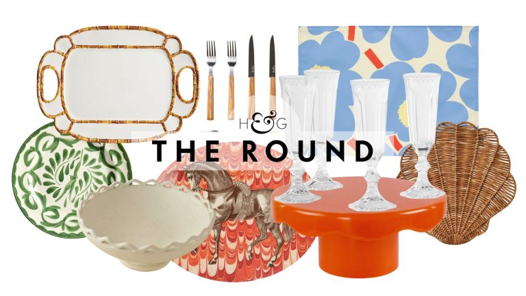 Assorted outdoor tableware, including dinner plates, platters, sculptural bowls, and flatware, pictured against a white background