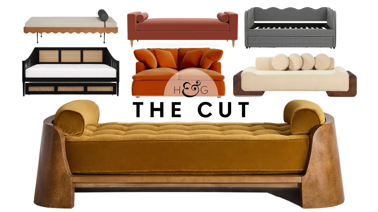 Stylish daybeds, featuring rattan, scalloped, tufted, and overstuffed styles, pictured against a white background
