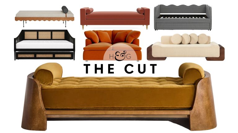 Stylish daybeds, featuring rattan, scalloped, tufted, and overstuffed styles, pictured against a white background