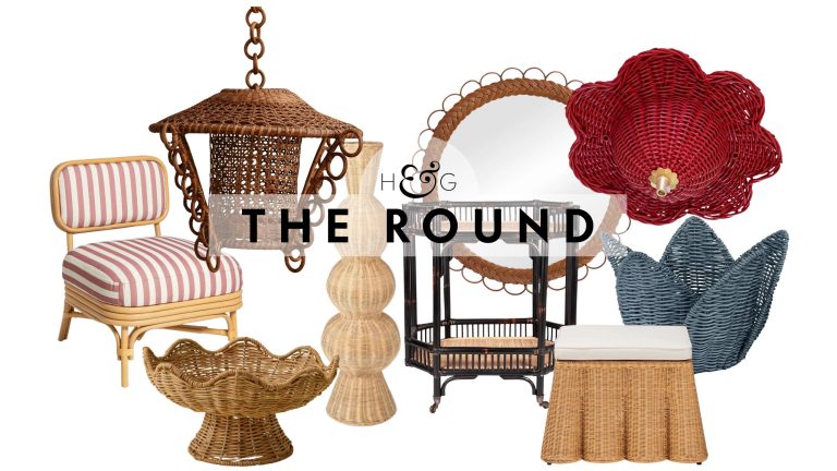 Rattan decor, including an accent chair, pedestal bowl, pendant light, sculptural vase, bar card, ottoman, ceiling rose, and basket, pictured against a white background