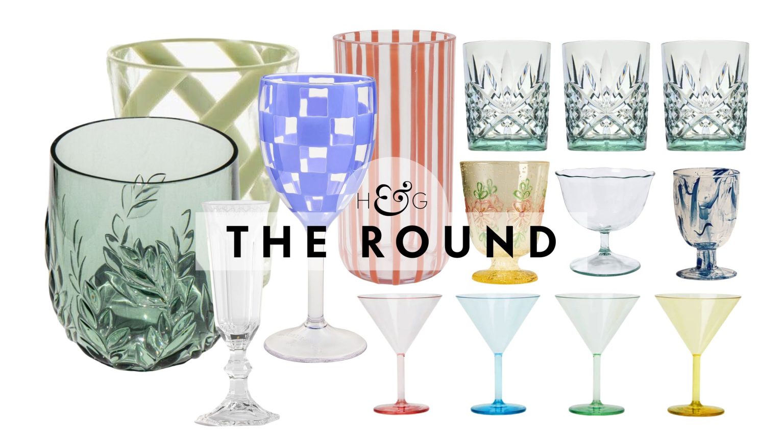 Assorted outdoor glassware, spanning water tumblers, wine glasses, and champagne flutes, pictured against a white background