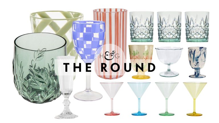 Assorted outdoor glassware, spanning water tumblers, wine glasses, and champagne flutes, pictured against a white background