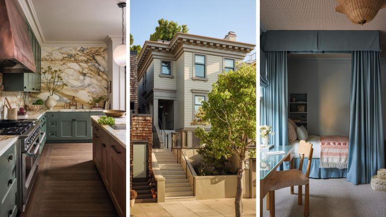 a trio of images of a house in San Francisco- at the center an exterior shot, to the left a green and marble kitchen and the right a blue bed nook
