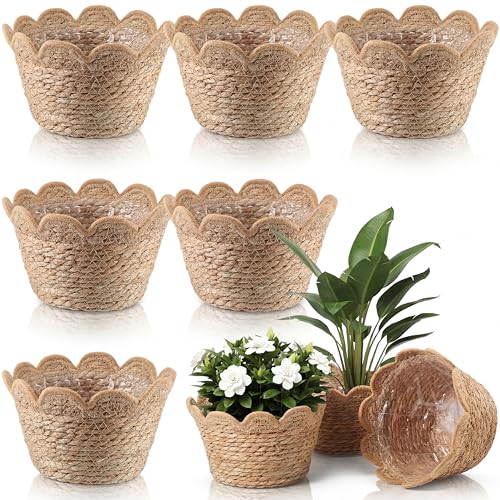 Aceorbit Lot de 6 paniers à plantes festonnés en jonc de mer avec doublures en plastique, panier à plantes tissé en rotin, pot de fleurs en osier pour intérieur et extérieur, couverture de pots de fleurs et décoration de chambre rustique de ferme bohème (moyen)