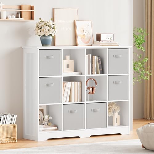 Étagère de rangement Metoti à 12 cubes, rangement en bois avec 6 tiroirs en tissu, bibliothèque en bois à 3 niveaux avec 2 étagères réglables et 2 étagères réglables. Panneaux latéraux cannelés pour chambre à coucher, salon, bureau à domicile, blanc