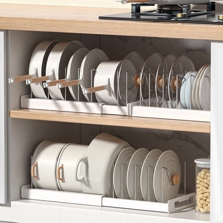Teamd Organisateur de couvercle de casserole extensible, organisateur de casseroles et de poêles extensible pour armoire, égouttoir à vaisselle et tiroir coulissant, assiettes, plateaux, ustensiles de cuisson, blanc