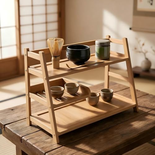 Lnncdsc Station Matcha en Bambou à 3 Niveaux, Étagère Organisateur de Station de Café pour Comptoir de Cuisine, Bar à Thé - Poudre Matcha, Outils et Accessoires Organisateur de tasses pour les amateurs de Matcha et les baristas à domicile.