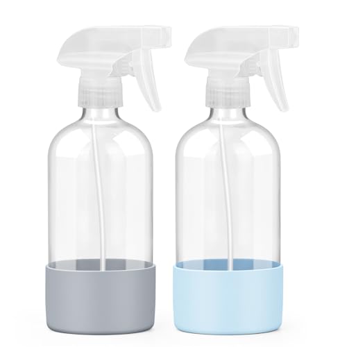 Worldgsb Lot de 2 flacons pulvérisateurs en verre avec manchon en silicone, récipients rechargeables vides de 16 oz avec buses de pulvérisation réglables, flacons pulvérisateurs pour cheveux, solutions de nettoyage et plantes bleu et gris