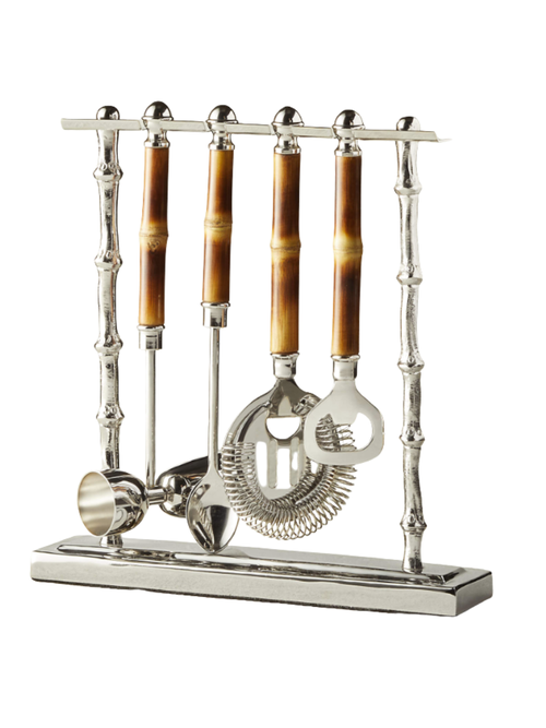 Ensemble d'outils de bar en bambou avec support