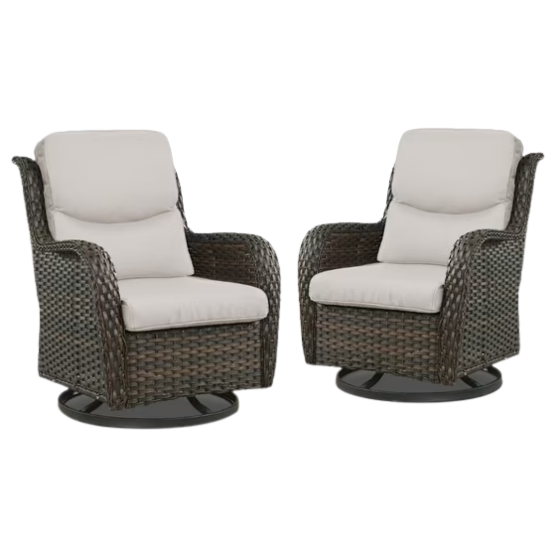 Pocassy Lot de 2 chaises pivotantes de patio, chaises à bascule pivotantes d'extérieur en osier avec dossier haut et coussins épais pour terrasse de porche – Beige