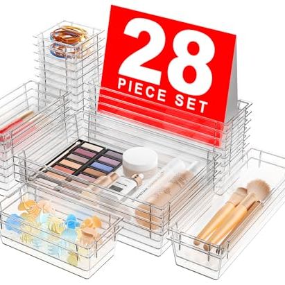 A-Lugei 【qualité militaire】 Organisateur de tiroirs, 【𝟱𝗦𝗶𝘇𝗲】 Organisateur de maquillage transparent, « contient 177 articles » ; Organisateurs et rangement de salle de bain, séparateur d'organisateur de bureau en plastique, bacs de rangement pour vanité de bureau