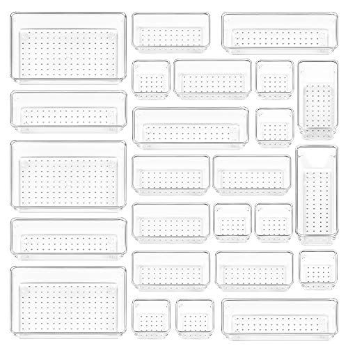 Vtopmart Lot de 25 organiseurs de tiroirs en plastique transparent, 4 tailles polyvalentes pour salle de bain et vanité, bacs de rangement pour maquillage, chambre à coucher, gadgets de cuisine, ustensiles et bureau