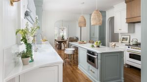 A blue and white kitchen with Dupont countertop edges