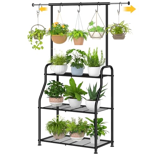 Support pour plantes tendance simple, intérieur et extérieur, en métal robuste, étagère à plantes suspendue à 3 niveaux pour plusieurs pots de fleurs, grand support pour salon, jardin, balcon, noir