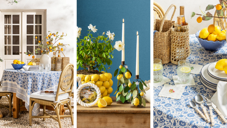 Shea McGee vient de confirmer que les citrons sont le fruit phare de l’été 2026 – et sa dernière collection en fait les stars des décorations de table saisonnières a set of images with lemon-inspired tableware