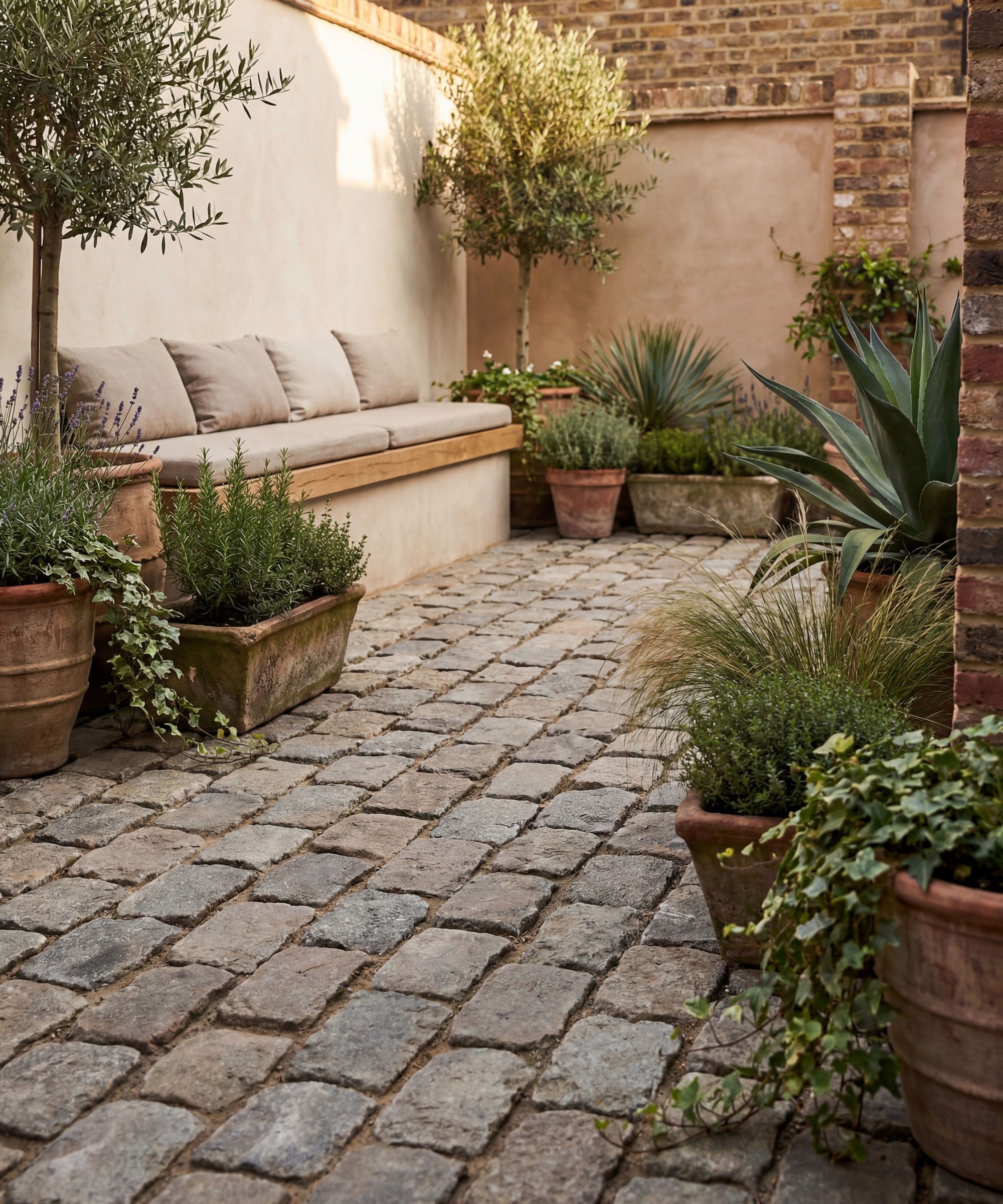Patio avec carrelage pavé, sièges intégrés et plantes en pot
