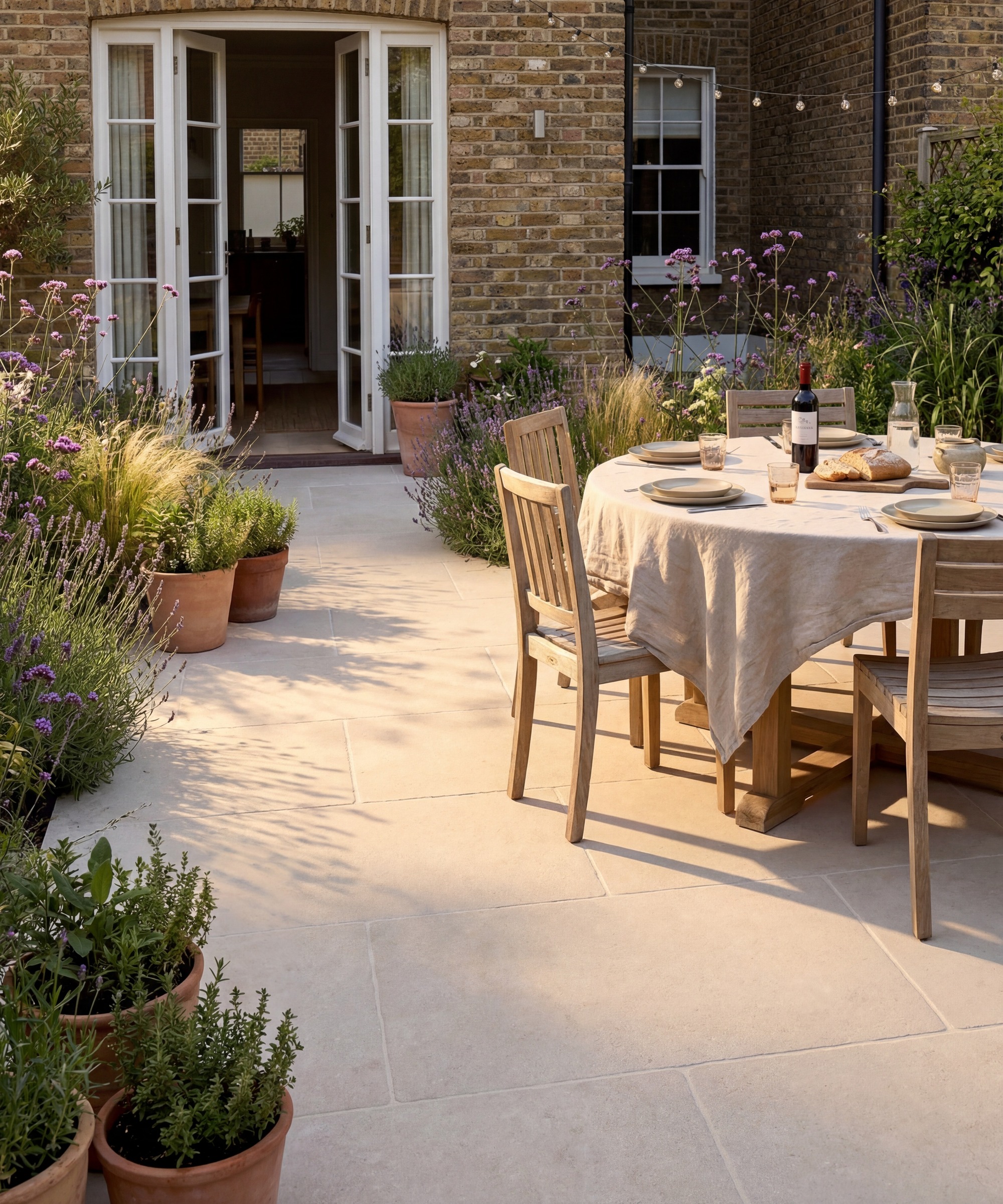 Patio avec dallage lavé beige Dijon, un coin repas et des groupes de plantes en pot