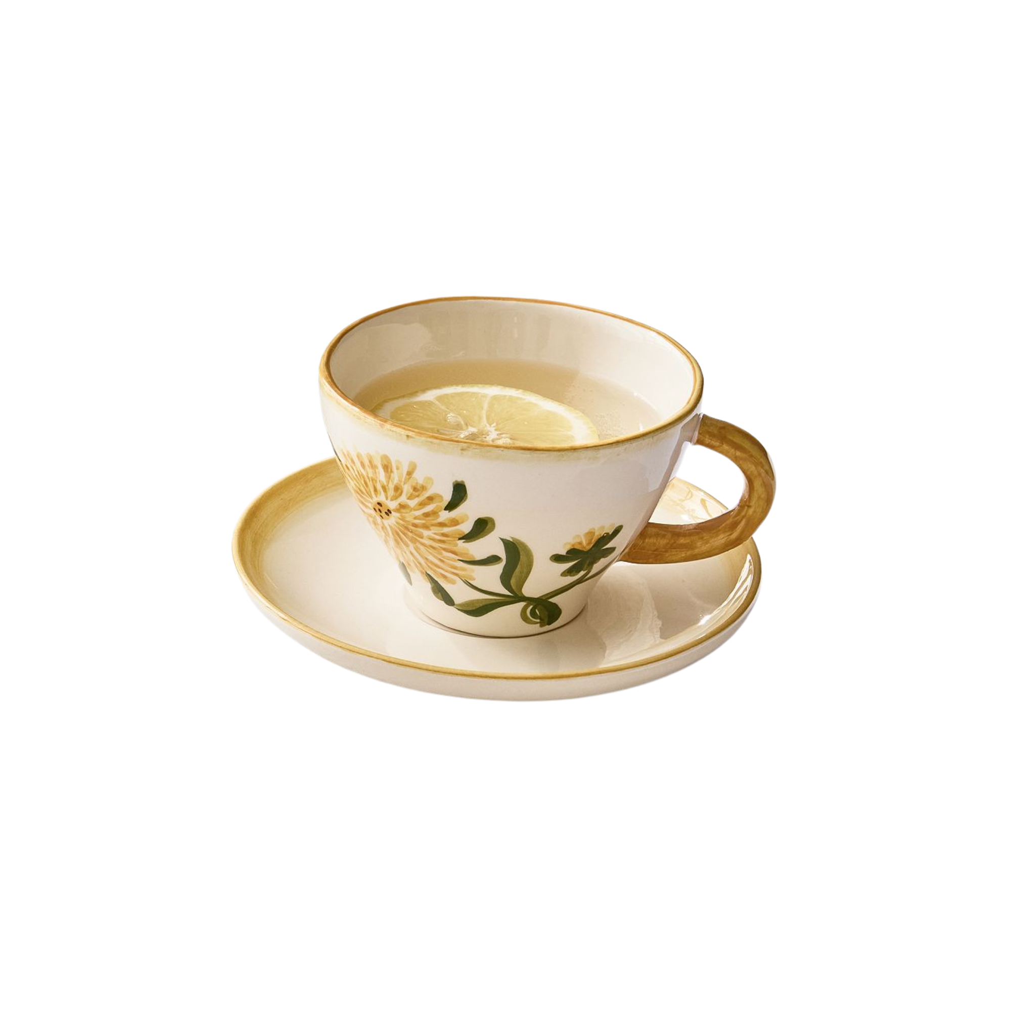 une tasse de thé fleurie jaune