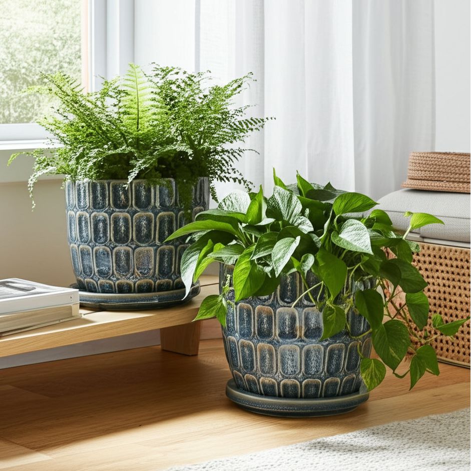 Winston Porter Pots de fleurs en grès et soucoupe en céramique avec texture géométrique en relief, design décoratif moderne, forme ronde élégante, accent d'affichage polyvalent, ensemble de 2 et 4 pièces. Commentaires | Wayfair