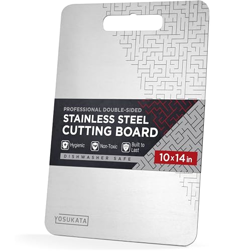 Yosukata Planche à découper en acier inoxydable de qualité supérieure 36 x 25,4 cm – Planche à découper professionnelle double face en métal avec trou pour poignée – Échelle de mesure – Passe au lave-vaisselle – Ustensiles de cuisine non toxiques