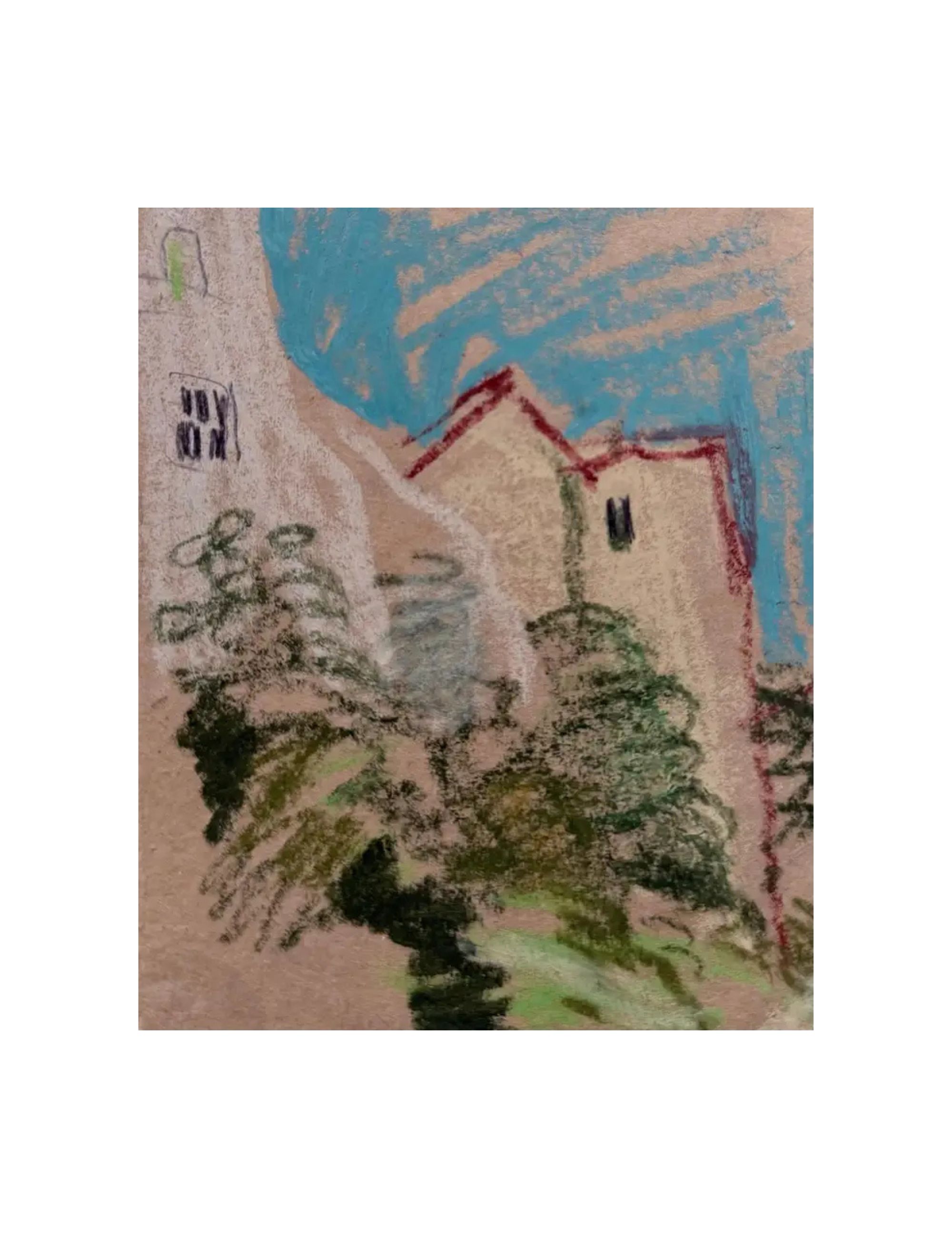1er Dibs, Maisons Blanches Dans Un Ciel Bleu Vif Paysage Croquis Pastel Moderniste Britannique