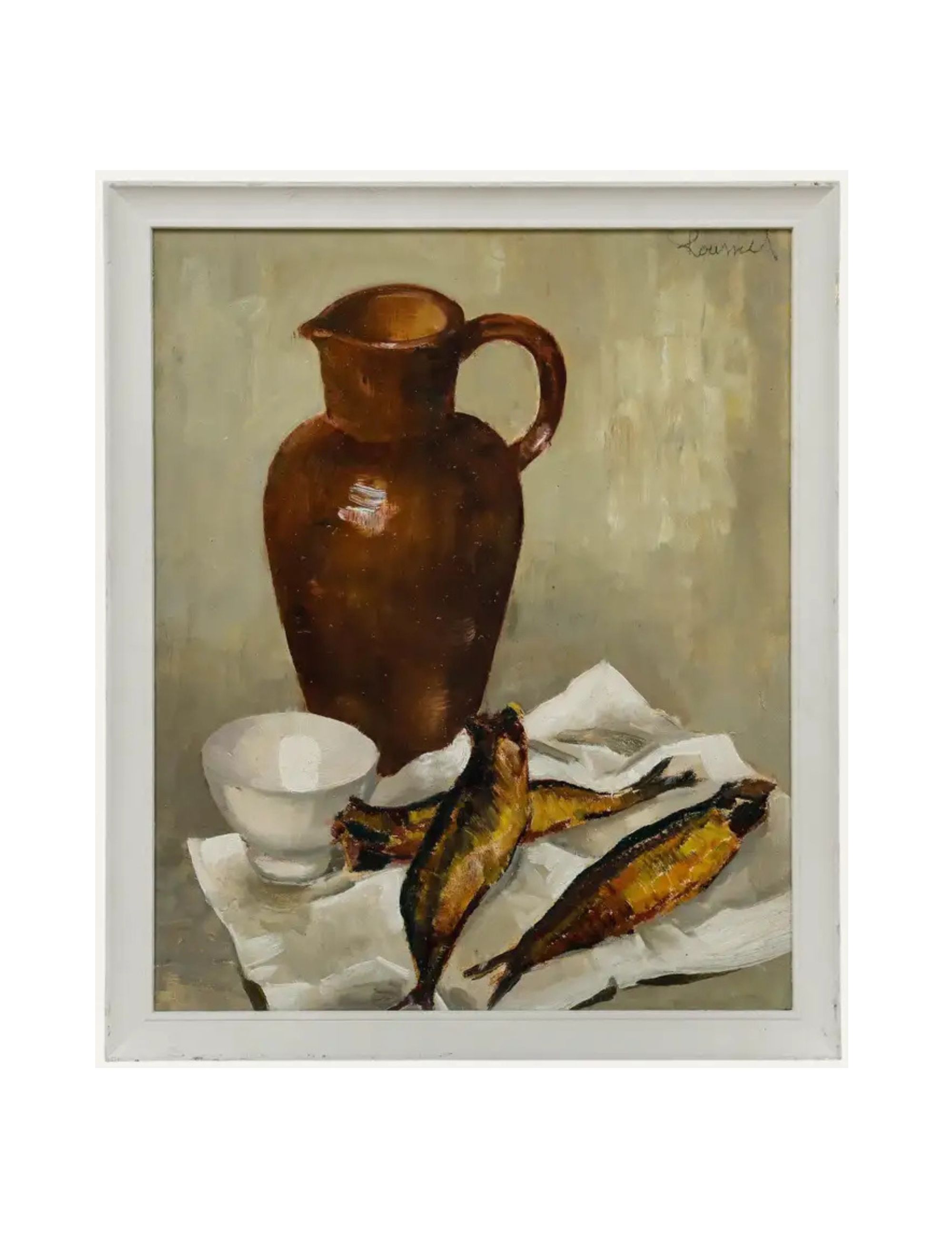 1er Dibs, L. Roussiel (1913-1963) - Huile Milieu 20ème Siècle, Nature Morte avec Pichet et Poisson