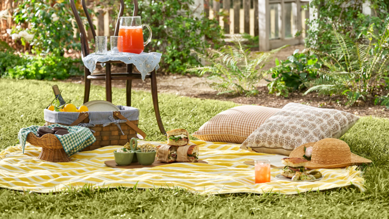 Joanna Gaines veut que votre pique-nique d’été ressemble à une affaire nostalgique – et sa collection de pique-nique d’inspiration vintage y parvient a picnic scene with a yellow blanket, pillows, snacks, and a chair with a jug and glasses on it