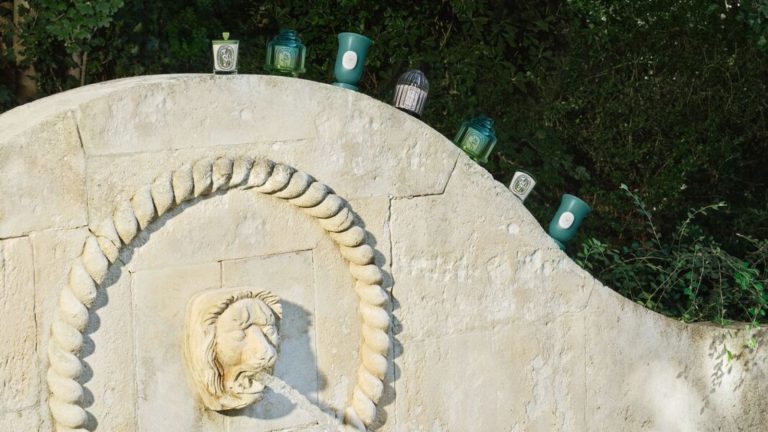 Diptyque summer collection photographed on a curved wall with greenery behind.