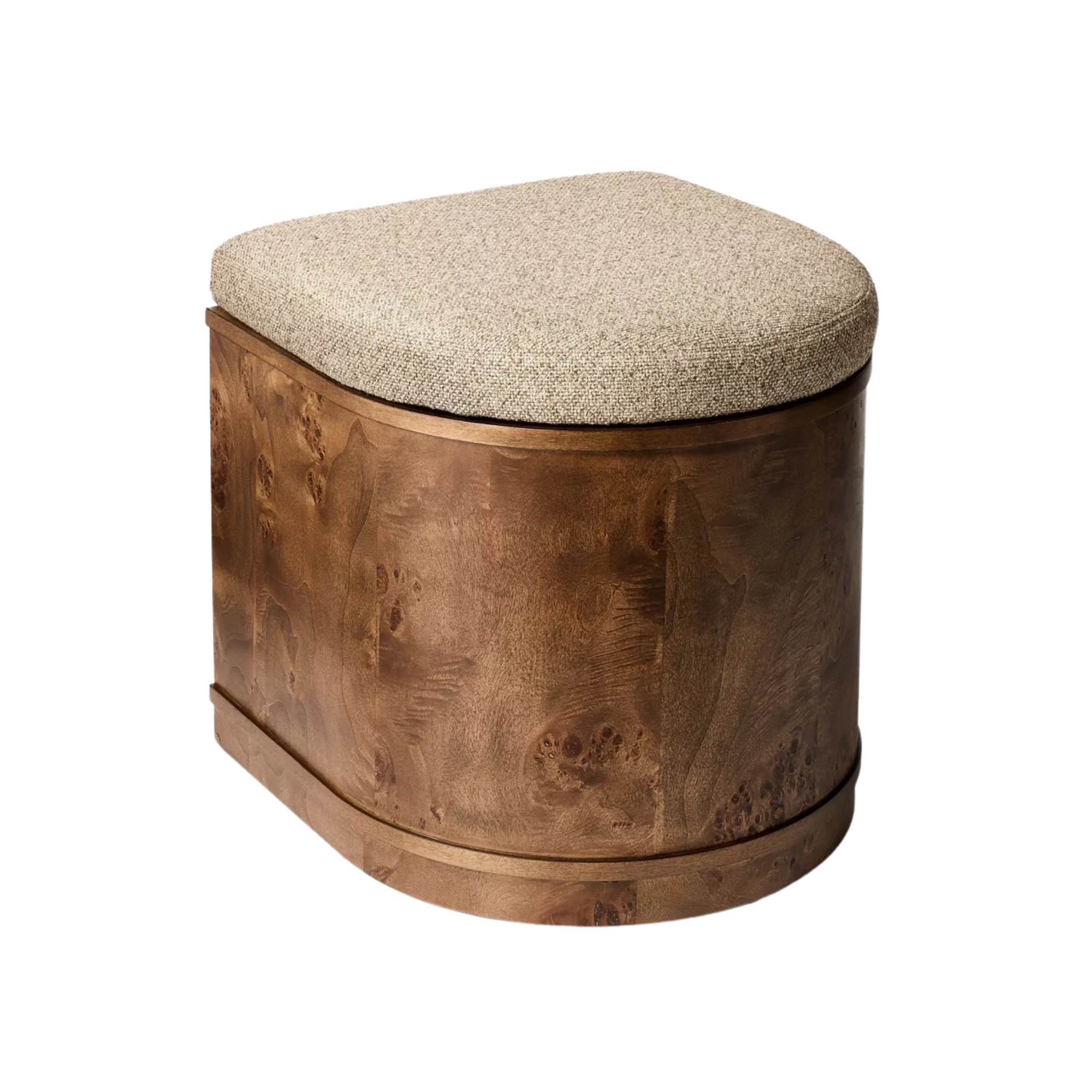 un pouf avec une structure en bois de loupe et un couvercle amovible