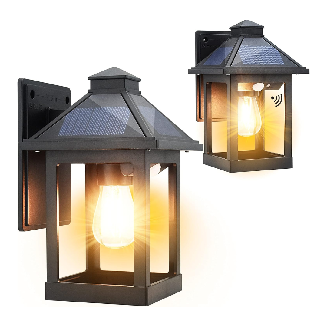 Cyhkee Lot de 2 lanternes murales solaires d'extérieur avec 3 modes, détecteur de mouvement du crépuscule à l'aube, lumières LED étanches Ip65, lampes de sécurité pour porche extérieur, fixation murale, patio, clôture, garage décoratif