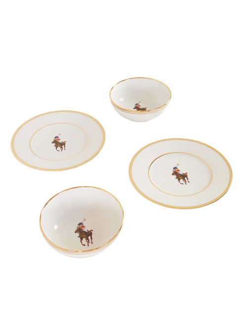 Ensemble lunaire de quatre bols et assiettes à dessert en porcelaine plaquée or