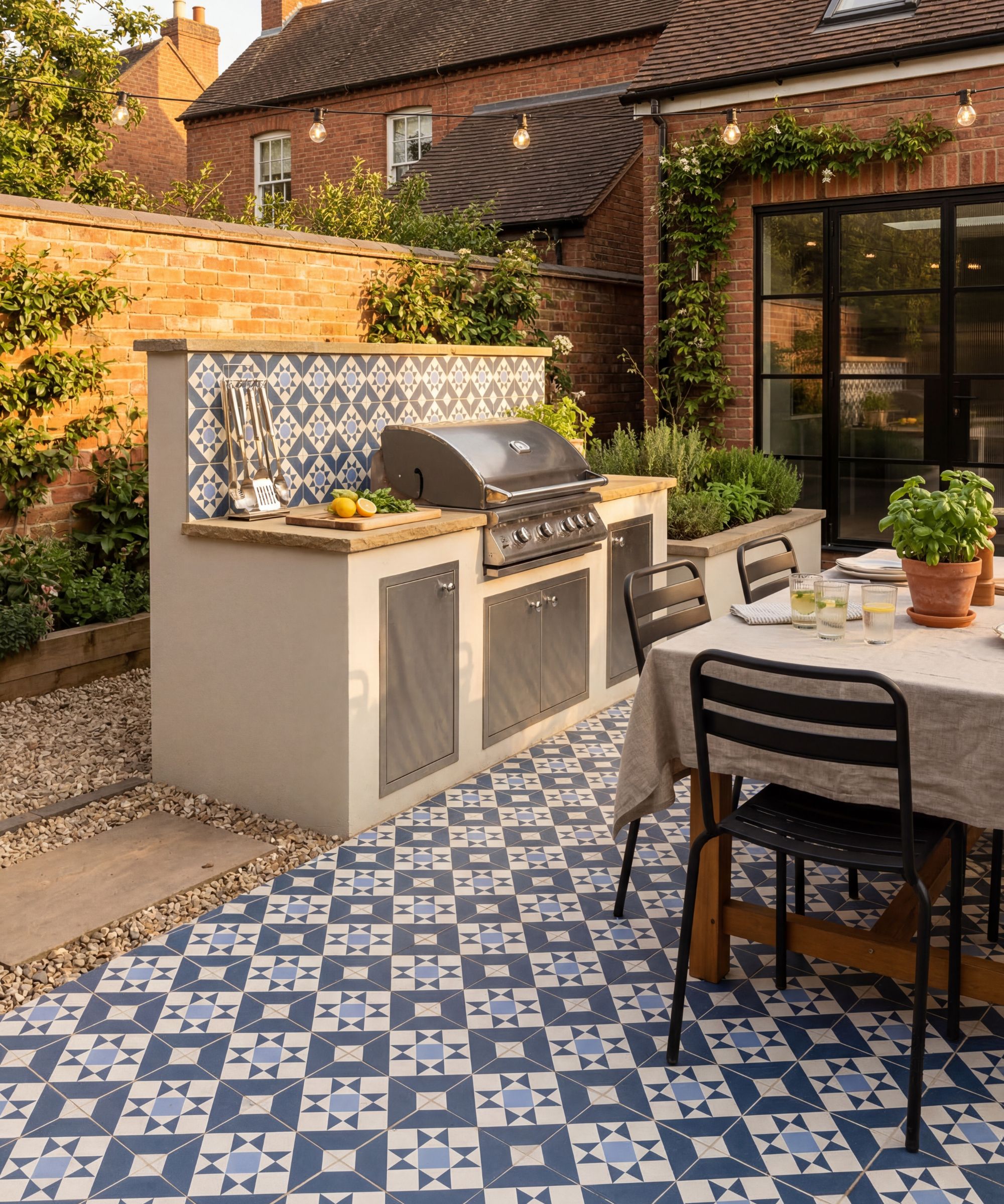 Une cuisine et une salle à manger extérieures avec des carreaux à motifs bleus et blancs au sol et au dosseret