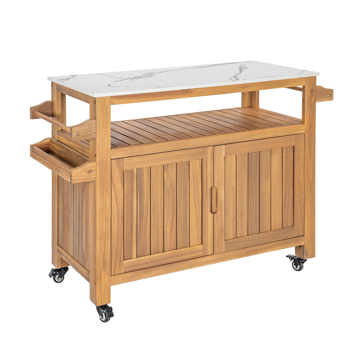 Ebern Designs Chariot de bar extérieur en bois d'acacia de ferme moderne Martel avec plateau et amp; Armoire de rangement | Wayfair