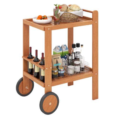 Target, Costway Chariot de cuisine roulant en acacia à 2 niveaux Chariot de service de salle à manger extérieur avec roues