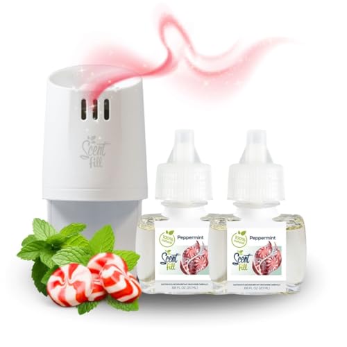 Scent Fill Désodorisant à la menthe poivrée 100 % naturelle, recharges d'huile parfumée, 2 recharges + diffuseur