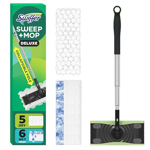 Balayage et amp;amp; Mop Deluxe Kit multi-surfaces 2 en 1 pour le nettoyage des sols, comprend 1 balayeuse, 5 balayages à sec + 6 chiffons de nettoyage humides très résistants, noir