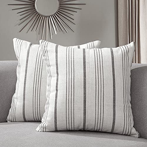 Taie d'oreiller décorative de ferme ensoleillée, housse uniquement, ensemble de 2 housses de coussin carrées crème/blanc cassé avec rayures anthracite, 18 pouces. X 18