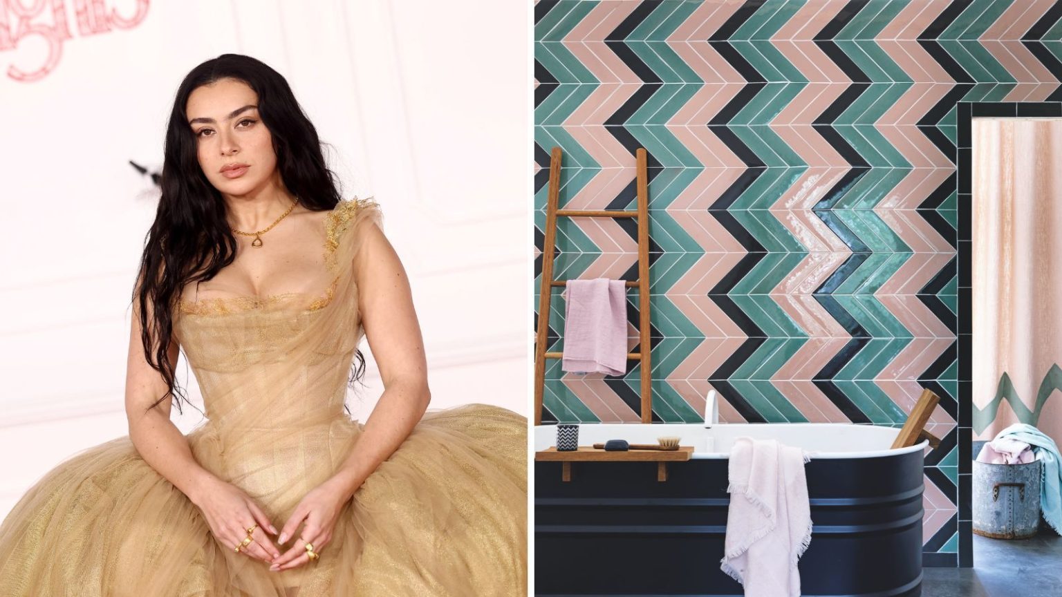 La salle de bain codée Wuthering Heights de Charli XCX rend cette « jolie » teinte audacieuse grâce à une association de couleurs inattendue Charli XCX / Pink, black and green zig-zag tiled bathroom
