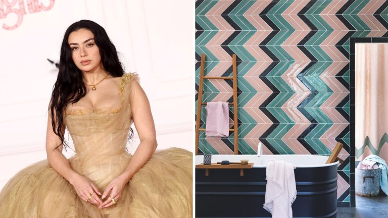 Charli XCX / Pink, black and green zig-zag tiled bathroom