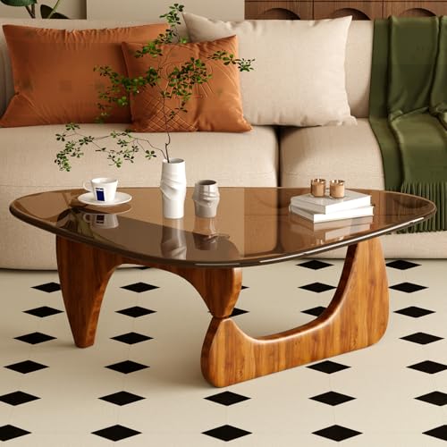 Cajca Table basse pour salon Table centrale moderne du milieu du siècle avec plateau en verre et bois, marron/noyer