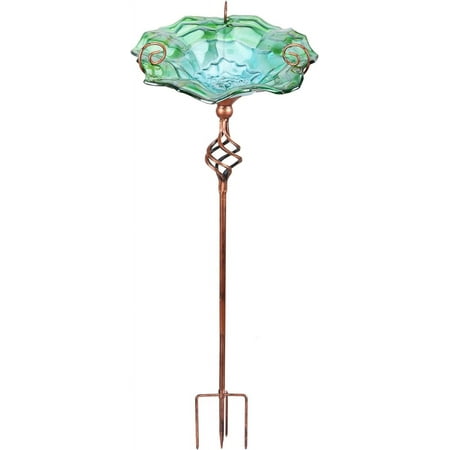 Bain d'oiseaux en verre de 31 pouces de hauteur avec piquet en métal, bains d'oiseaux extérieurs pour jardin et cour, vert