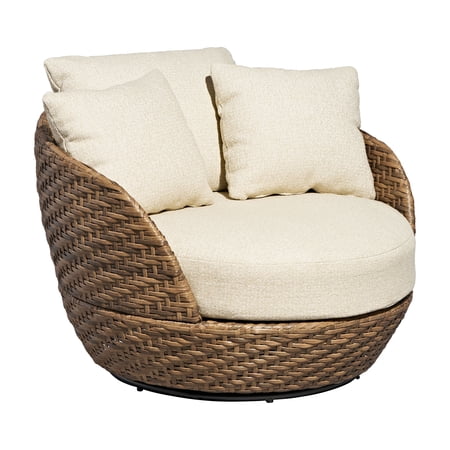 Belle chaise pivotante d'extérieur en osier avec bouclé; Coussins et amp;amp; Couverture de Drew Barrymore, marron/cèpes