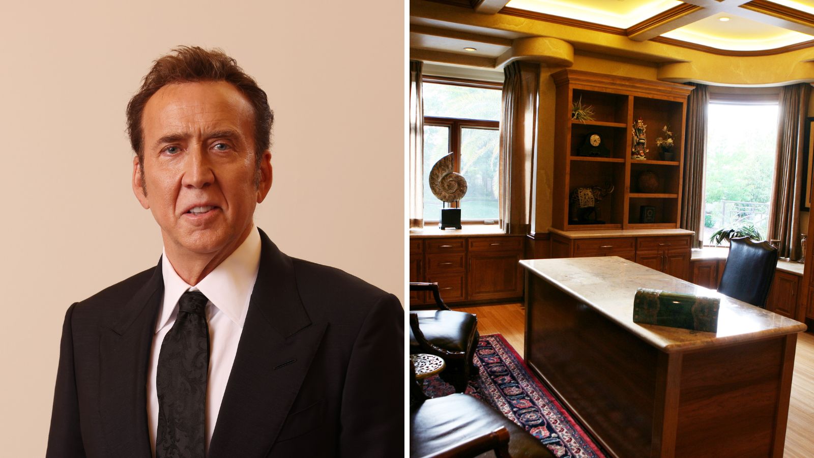 Nicholas Cage sur fond beige à gauche et son bureau à droite