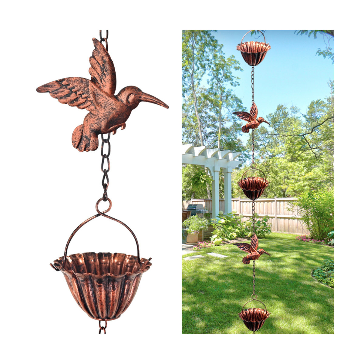 Arlmont &amp; Co. Chaînes de pluie pour gouttières extérieures, chaîne de récupération de pluie avec coupelles en métal et amp; Décor de colibri, chaîne de volet de pluie suspendue réglable, substitut de tuyau de descente pour le Drainage et le drainage du jardin Avant-toits | Wayfair