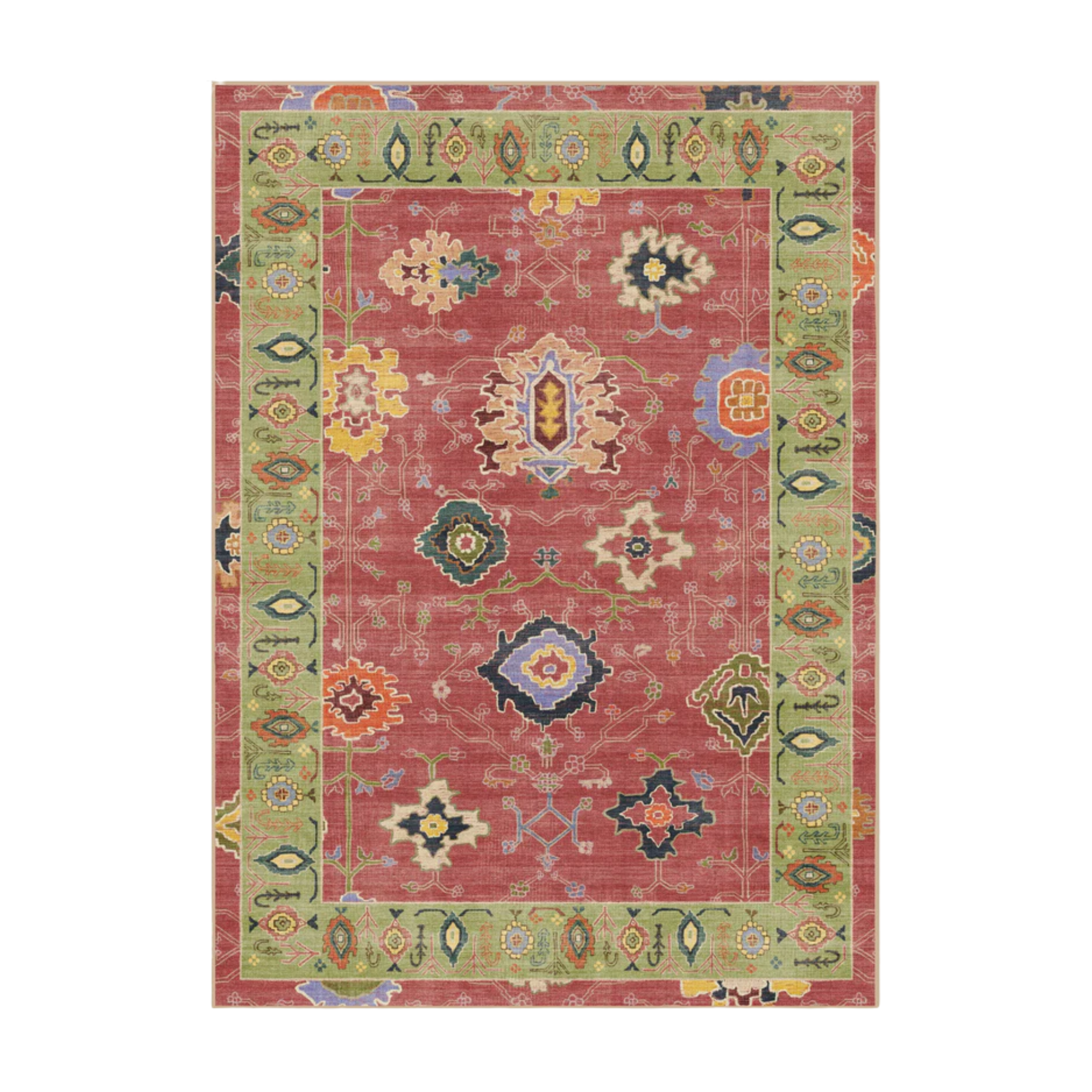 un tapis d'extérieur en vert et rouge avec des motifs décoratifs