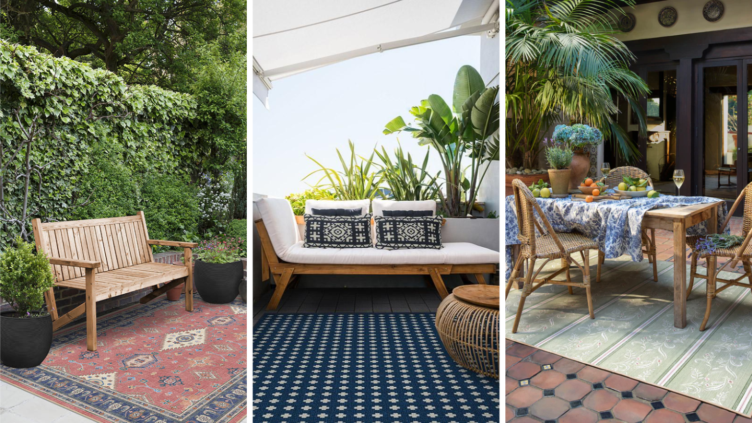 Les designers me disent toujours que le secret pour mettre à jour une terrasse fatiguée est un tapis – et à l’heure actuelle, Ruggable propose les styles les plus chics en vente pour le Memorial Day three images of patio spaces with outdoor rugs