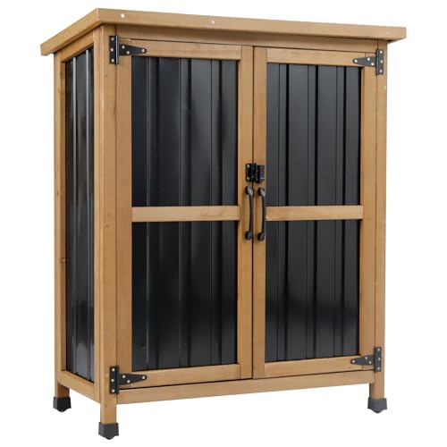 Armoire de rangement extérieure Ketive, bois et amp; Petite armoire de rangement pour outils de jardin en métal avec toit en asphalte résistant aux intempéries, portes et amplificateurs doubles verrouillables. Étagères amovibles pour porche, patio, jardin, cour